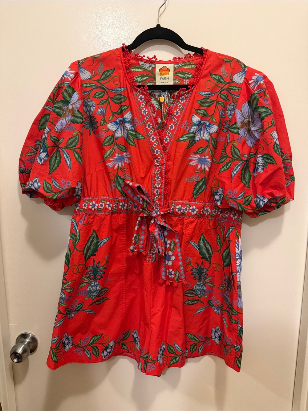 FARM Rio Red Floral Puff-Sleeve Tie-Front Dress